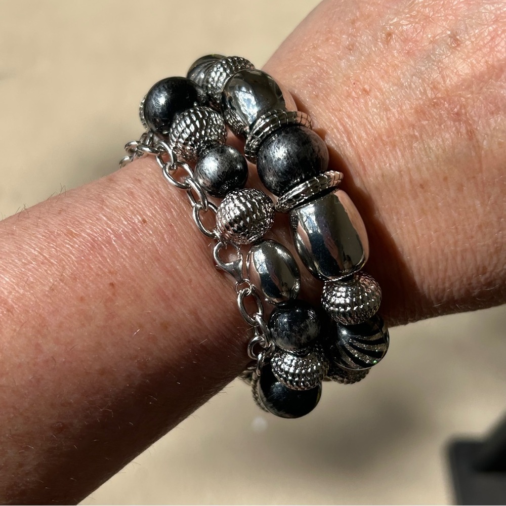 Bold Silver and Black Beaded Bracelet Set